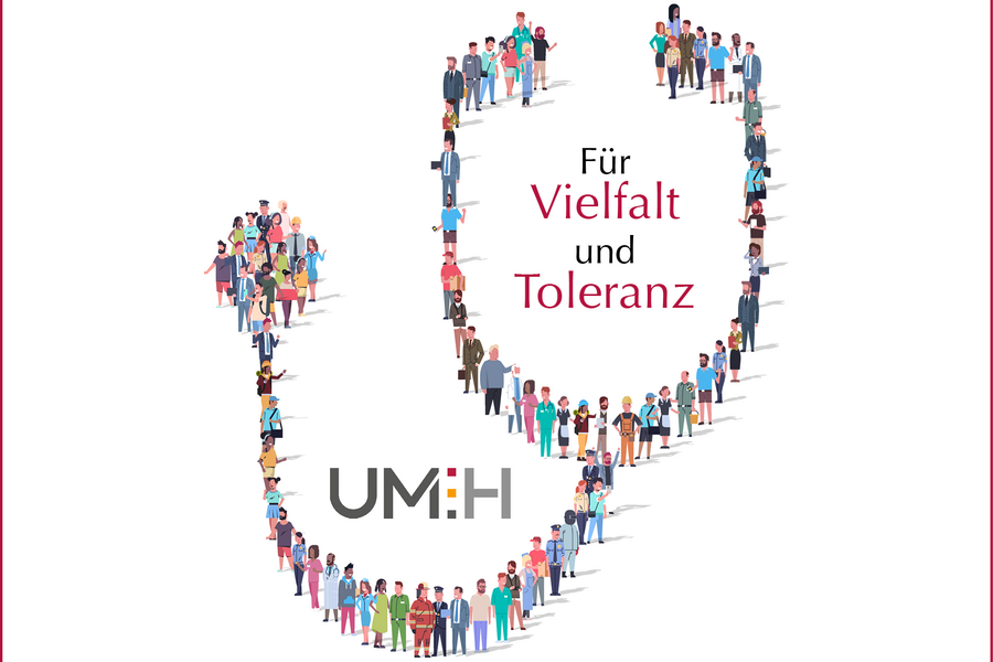 Grafische Darstellung vieler Menschen, die ein Stethoskop bilden. Im Bild befinden sich das UMH-Logo und der Text "Für Vielfalt und Toleranz."  Grafische Darstellung vieler Menschen, die ein Stethoskop bilden. Im Bild befinden sich das UMH-Logo und der Text "Für Vielfalt und Toleranz."