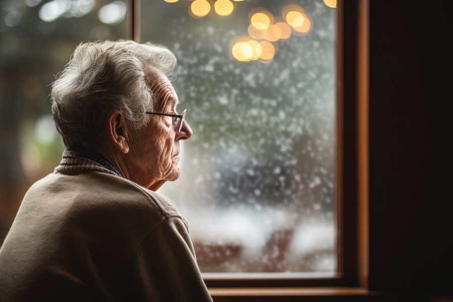 Ein älterer Mann sitzt an einem Fenster und schaut nach draußen.  Ein älterer Mann sitzt an einem Fenster und schaut nach draußen.