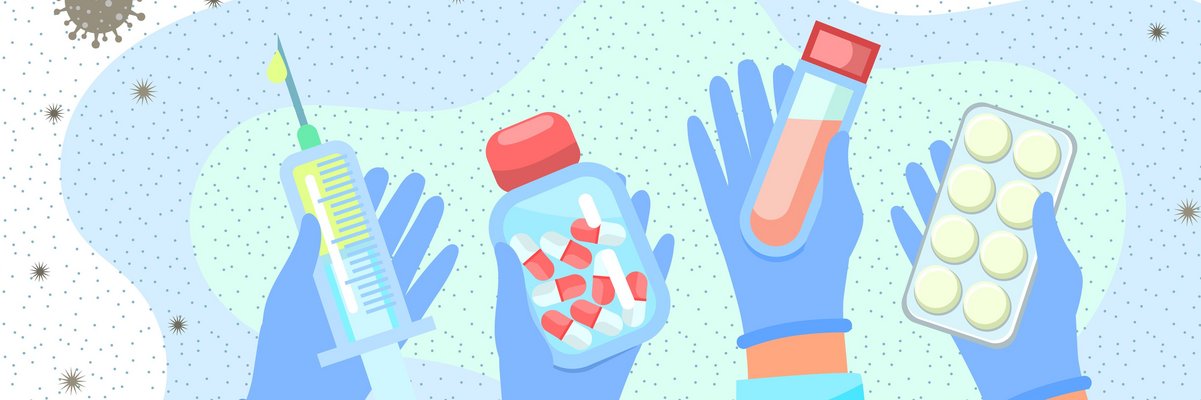 Vier Hände halten eine Spritze, eine Tablettendose, Infusion und eine Tablettenpackung, eine Grafik