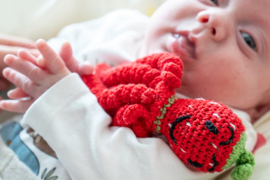 Ein Baby hält eine rote gehäkelte Krake in den Armen.  Ein Baby hält eine rote gehäkelte Krake in den Armen.