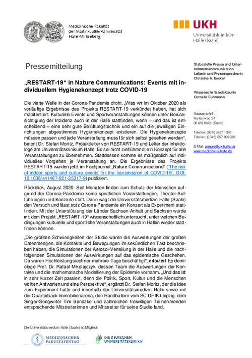 Pressemitteilung "'RESTART-19' in Nature Communications: Events mit individuellem Hygienekonzept trotz COVID-19" als PDF zum Download