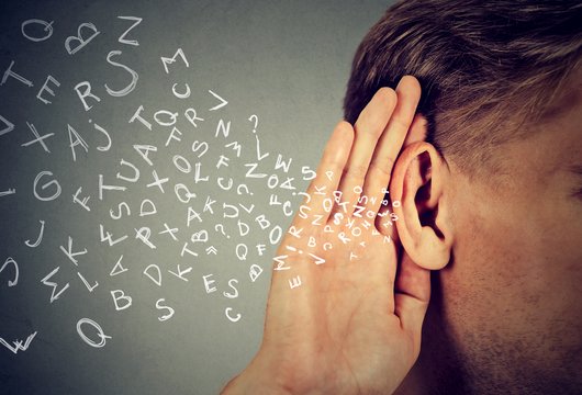 Am rechten Bildrand ist eine Hand hinter einem Ohr zu sehen, so als wolle die Person genau hinhören. Aus dem linken Bildrand fliegen viele einzelne Buchstaben zum Ohr hin.